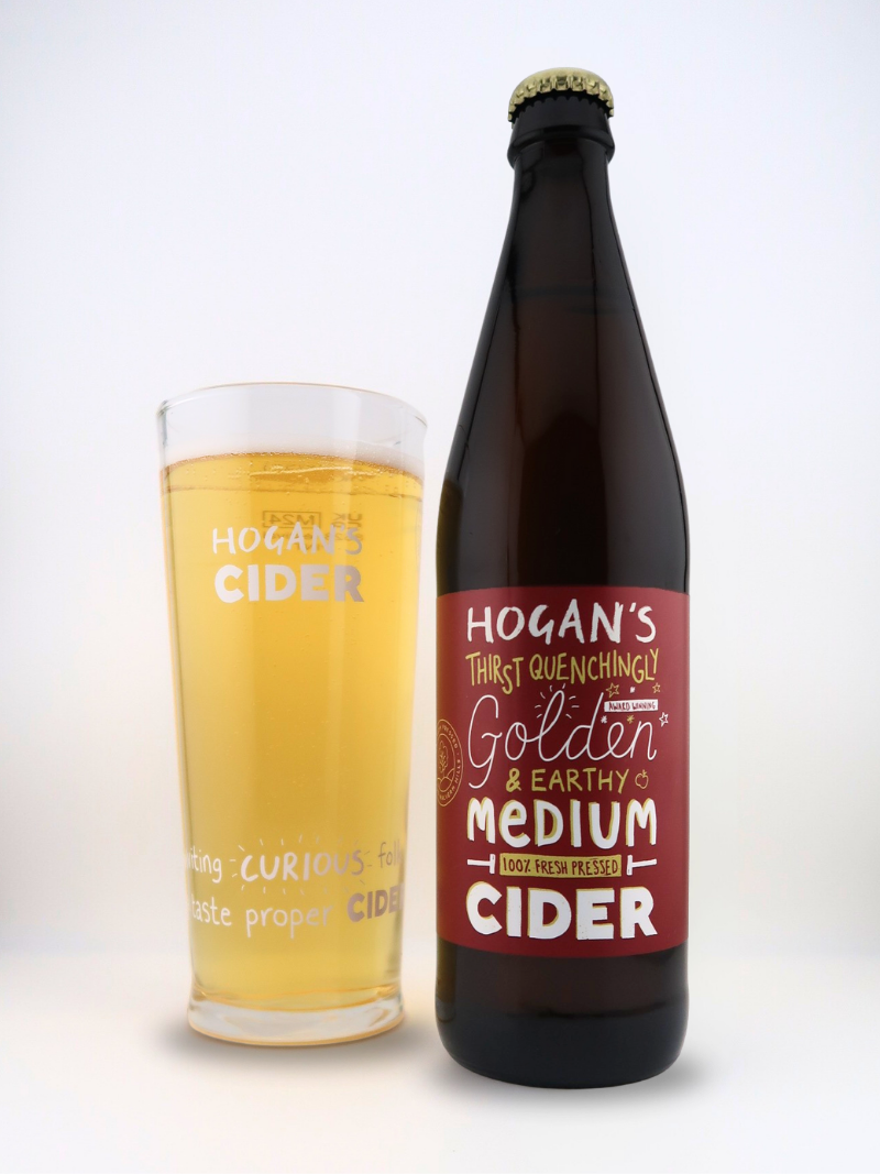 Hogan’s Medium Cider 500ml bottle and pint glass – rich, thirst-quenching golden cider from Hogan’s Cider.