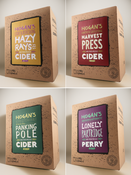 Set of four Hogan’s 3 L bag-in-box ciders – Hazy Rays, Harvest Press, Panking Pole and Lonely Partridge Perry – made from 100 % fresh-pressed fruit.