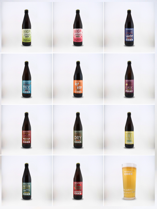 Line-up of 11 Hogan’s cider bottles included in the Discovery Case gift pack.