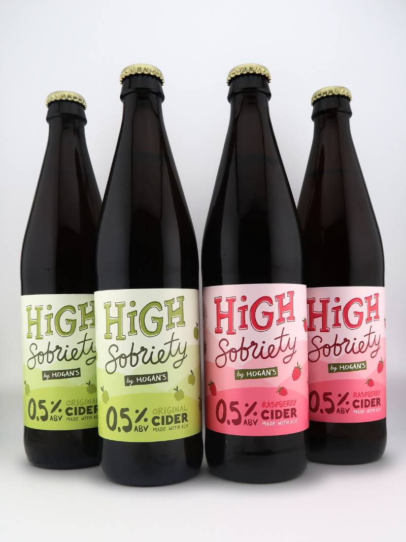 Hogan’s High Sobriety Mixed Case – 0.5% low-alcohol craft ciders featuring Original and Raspberry bottles.