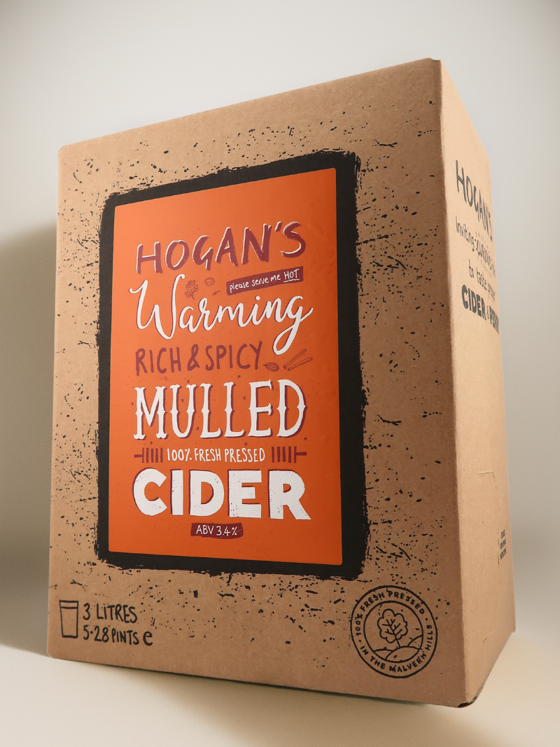 Hogan’s Mulled Cider 3 L Bag-in-Box – aromatic and warming spiced cider made from fresh-pressed apples and steeped with freshly ground spices, perfect for serving hot in winter.